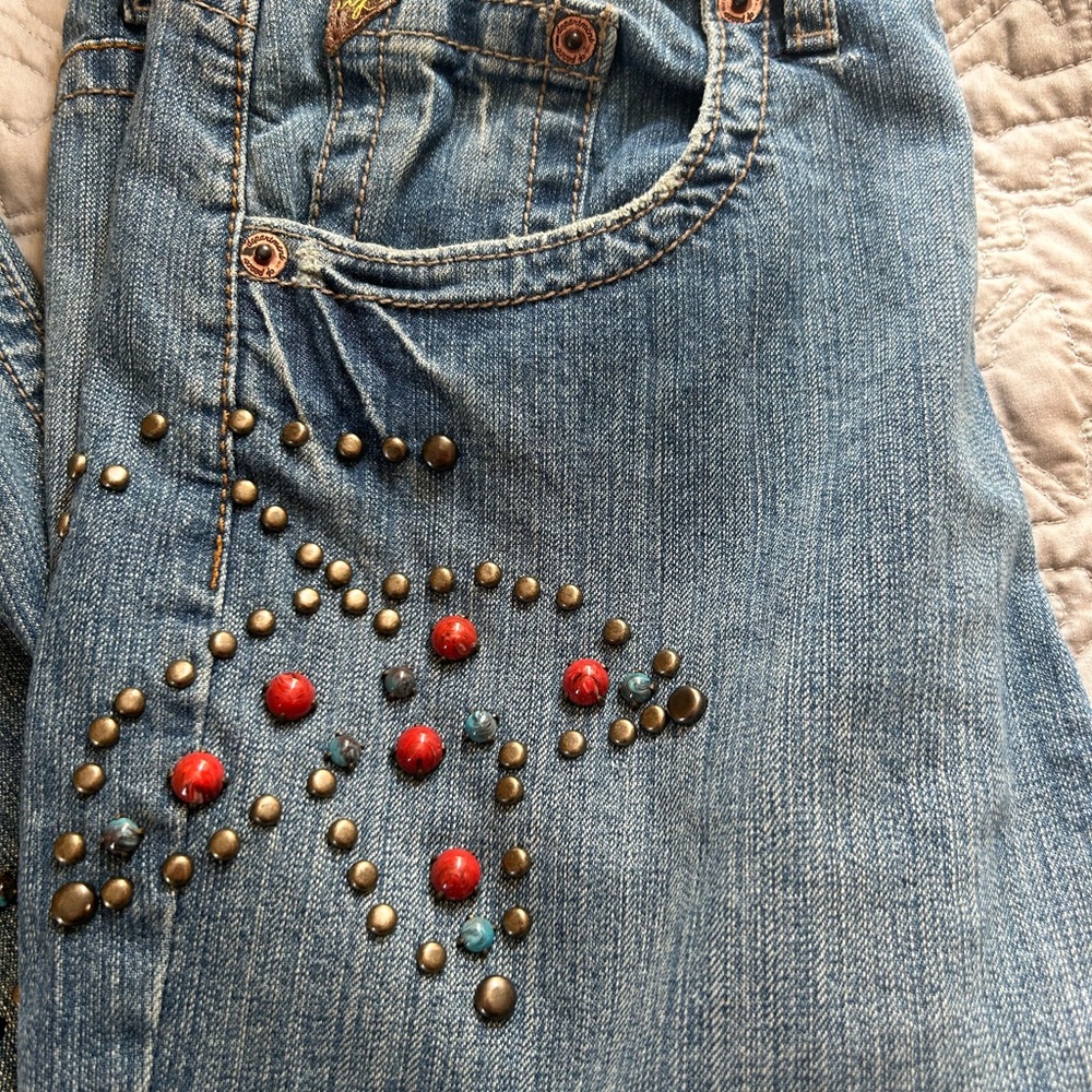 Embellished Flare Jeans with Red Accents 14 - Picture 4 of 10
